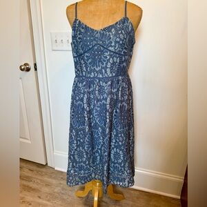 Dreamy LOFT Blue Floral Lace Midi Party Dress Sz 8